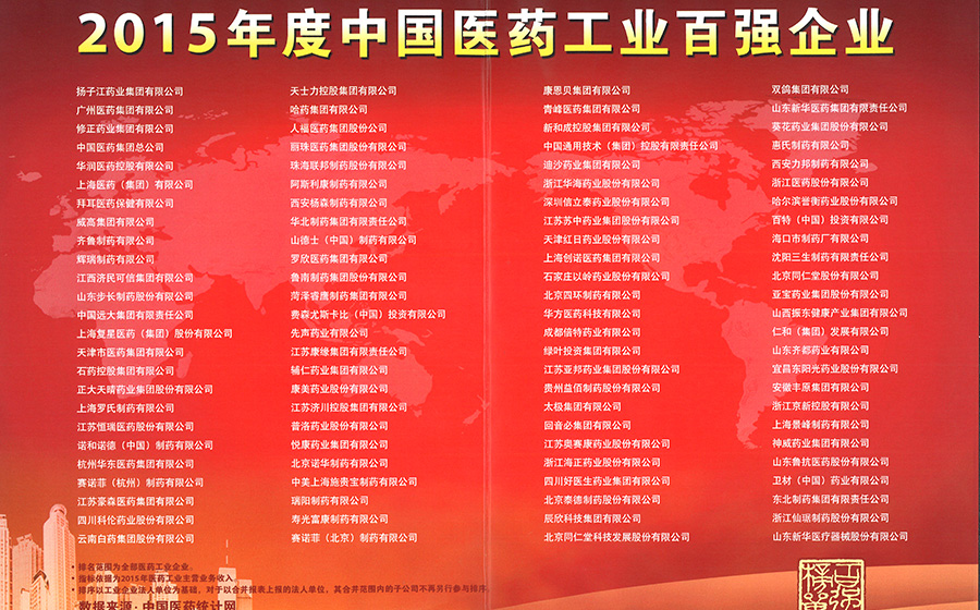 双鸽集团入围2015年度中国医药工业百强企业榜单